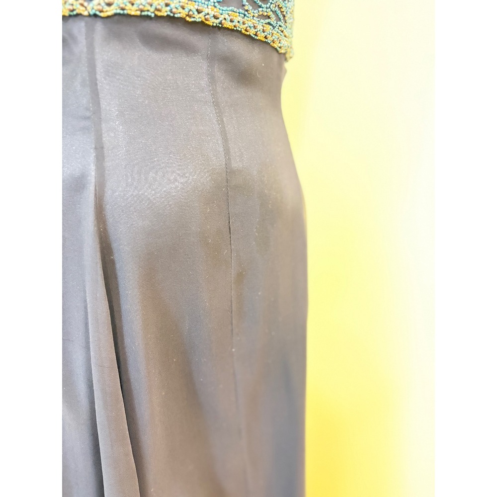 Vtg Fleur De Lis Silk Maxi Dress 12 Navy Blue Beaded Formal Gown Whimsy Ethereal - Picture 8 of 10